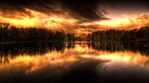 sunset, evening, reflection, sky, forest, shore, house