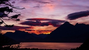 sunset, branches, sky, clouds, mountains - wallpapers, picture