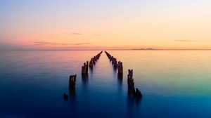 bahía, horizonte, puesta de sol, muelle, ruinas, australia, clifton springs