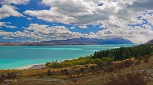 bay, mountains, trees, water, clouds, sky - wallpapers, picture