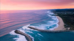 湾、海、空撮、海岸、日没