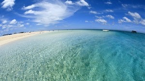 Bahía, agua, transparente, arena, orilla, playa, cielo