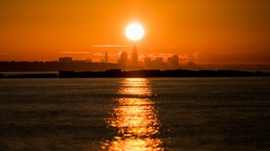 bahía, puesta de sol, horizonte, ciudad, ohio, estados unidos