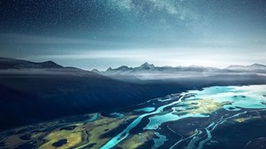 bay, starry sky, mountains, fjord, fiord