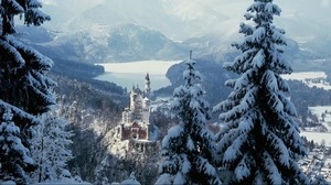 castle, city, sky, forest, winter, snow