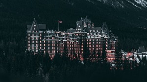 castle, mountains, trees, snow, winter, canada - wallpapers, picture