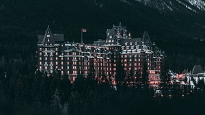 castle, mountains, trees, snow, winter, canada