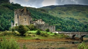 castle, mountains, forest, trees, bridge, lake, scotland - wallpapers, picture