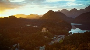 castle, mountains, view from above, sunset - wallpapers, picture