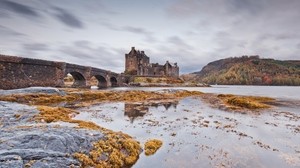 castle, bridge, arches, stone, water, lake, stones, vegetation, cold, emptiness, loneliness, creepy - wallpapers, picture