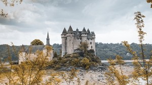 castle, branches, leaves, lake, architecture - wallpapers, picture