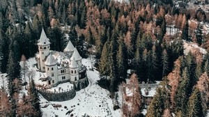 castle, top view, winter, snow, trees, forest, italy