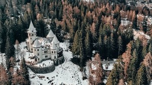 castillo, vista superior, invierno, nieve, árboles, bosque, italia