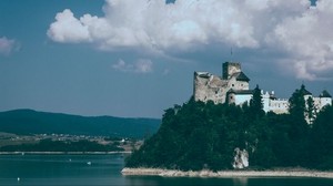 castle, hill, trees, sea - wallpapers, picture