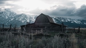 building, mountains, farm, wooden, old