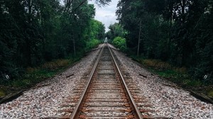 railway, pebbles, stones, trees, direction - wallpapers, picture