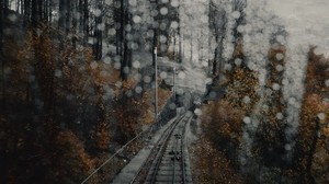 railway, rails, glare, fog, forest