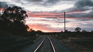 ferrovia, rotaie, tramonto, ciottoli, svolta