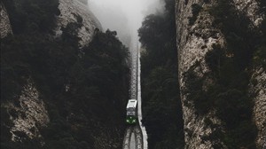 järnväg, dimma, tåg, berg, ovanifrån