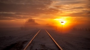 railway, fog, snow, sunset, horizon