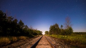 railway, starry sky, direction, trees
