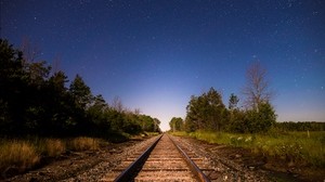 ferrovia, cielo stellato, direzione, alberi