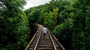 railroad, man, walk, trees