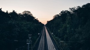 railroad, trees, evening, dawn