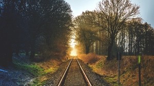 ferrocarril, árboles, puesta de sol