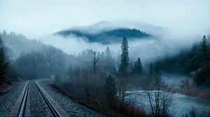railway, fog, trees, lake, mountains