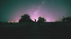 railroad, starry sky, man, night