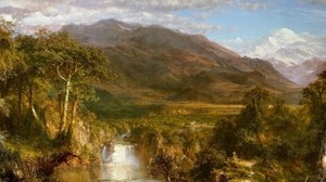 painting, canvas, art, waterfall, mountains, greatness, oil - wallpapers, picture