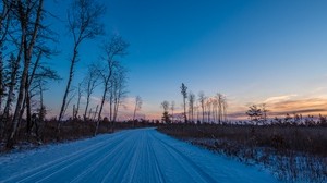 winter, road, trees, horizon, sky