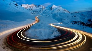 winter, road, long exposure, snow