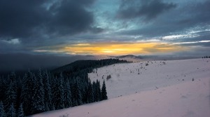 winter, mountains, forest, snow, sunset, sky, clouds, snowy - wallpapers, picture