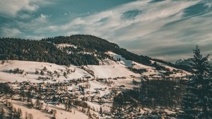 winter, forests, village, snow, top view, clouds - wallpapers, picture