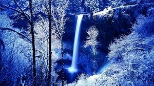 winter, rock, waterfall, hoarfrost, snow, trees, gloomy, cold, paints, colors