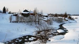 talvi, lumi, talo, joki, pensaat, rauhallinen