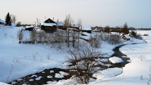 vinter, snö, huset, floden, buskar, lugn