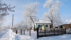 vinter, snö, hus, staket, by