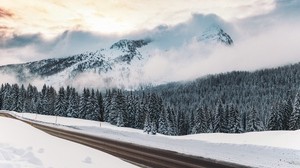 winter, snow, road, mountains, fog