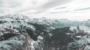 winter, snow, mountains, view from above, dolomites, Italy, sky, clouds - wallpapers, picture