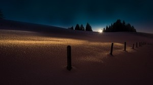 winter, snow, night, trees, light