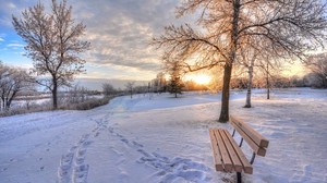 winter, snow, dawn, tracks, bench