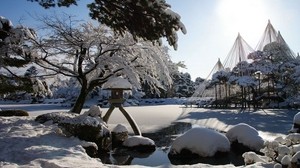 winter, snow, garden, lake, lantern, light, sun