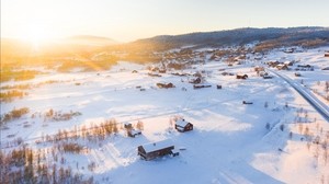 winter, snow, sunlight, village, top view