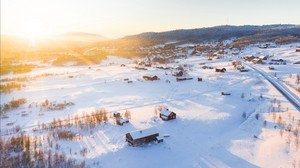 talvi, lumi, auringonvalo, kylä, ylhäältä päin