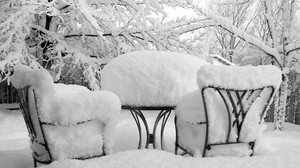 winter, snow, chairs, table, cover, robe - wallpapers, picture