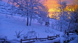 winter, snow, sunset, fence, sky, trees - wallpapers, picture