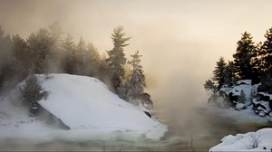 winter, fog, snow, trees, water